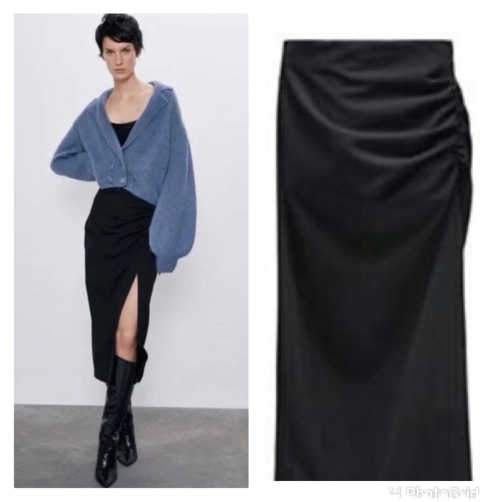 Zara Black Ruched Side Slit Skirt - Size Medium